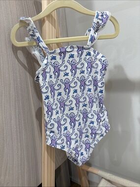 Roller Rabbit “Rory” One-Piece Swimsuit in White and Purple Monkey Print